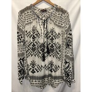 Hale Bob Womens Large White Aztec Sheer Silk Blouse Tassel Quiet Luxury Boho